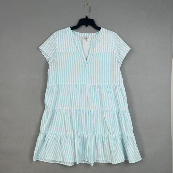 tyler boe Dress Womens Medium Blue White Striped Linen Tiered Coastal Preppy - Picture 1 of 13